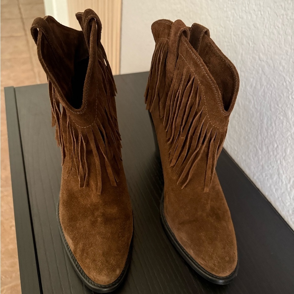 Saint Laurent Brown Fringe Suede Heeled Boots - Picture 4 of 12
